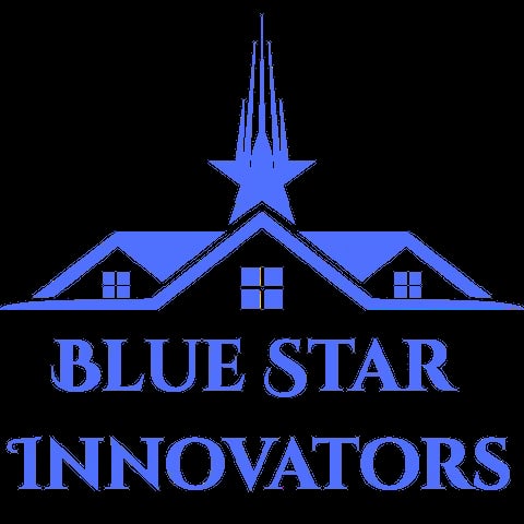 Blue Star Innovators logo featuring a star on top of a stylized house with three roofs and windows