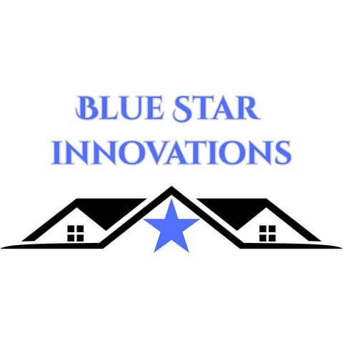 Blue Star Innovations logo featuring a blue star above two house rooflines with windows